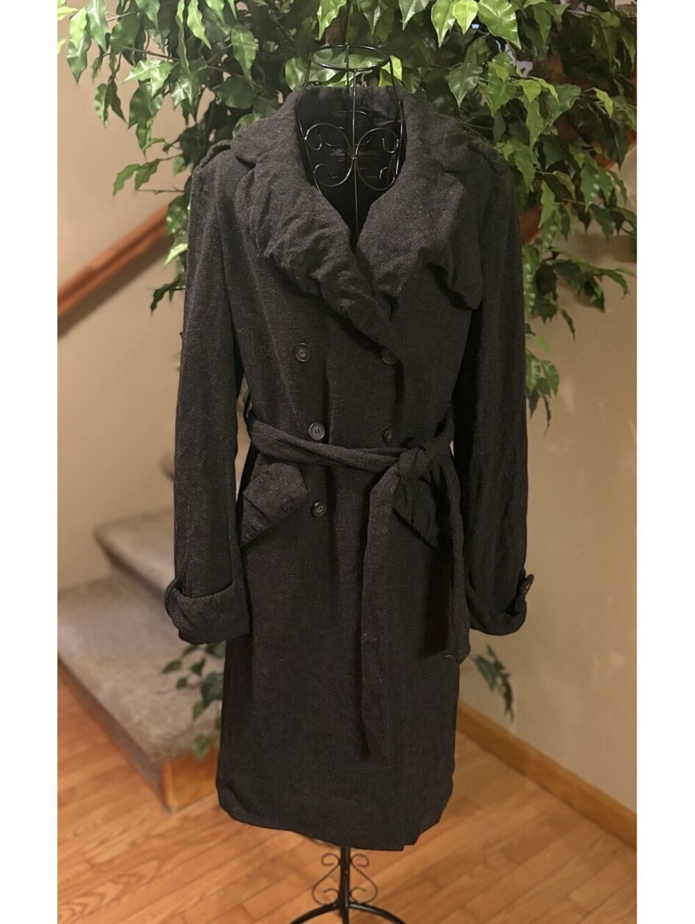ALLSAINTS Spitalfields Charcoal Gray Double Breasted Wool Trench Coat Size 12 - Picture 1 of 6